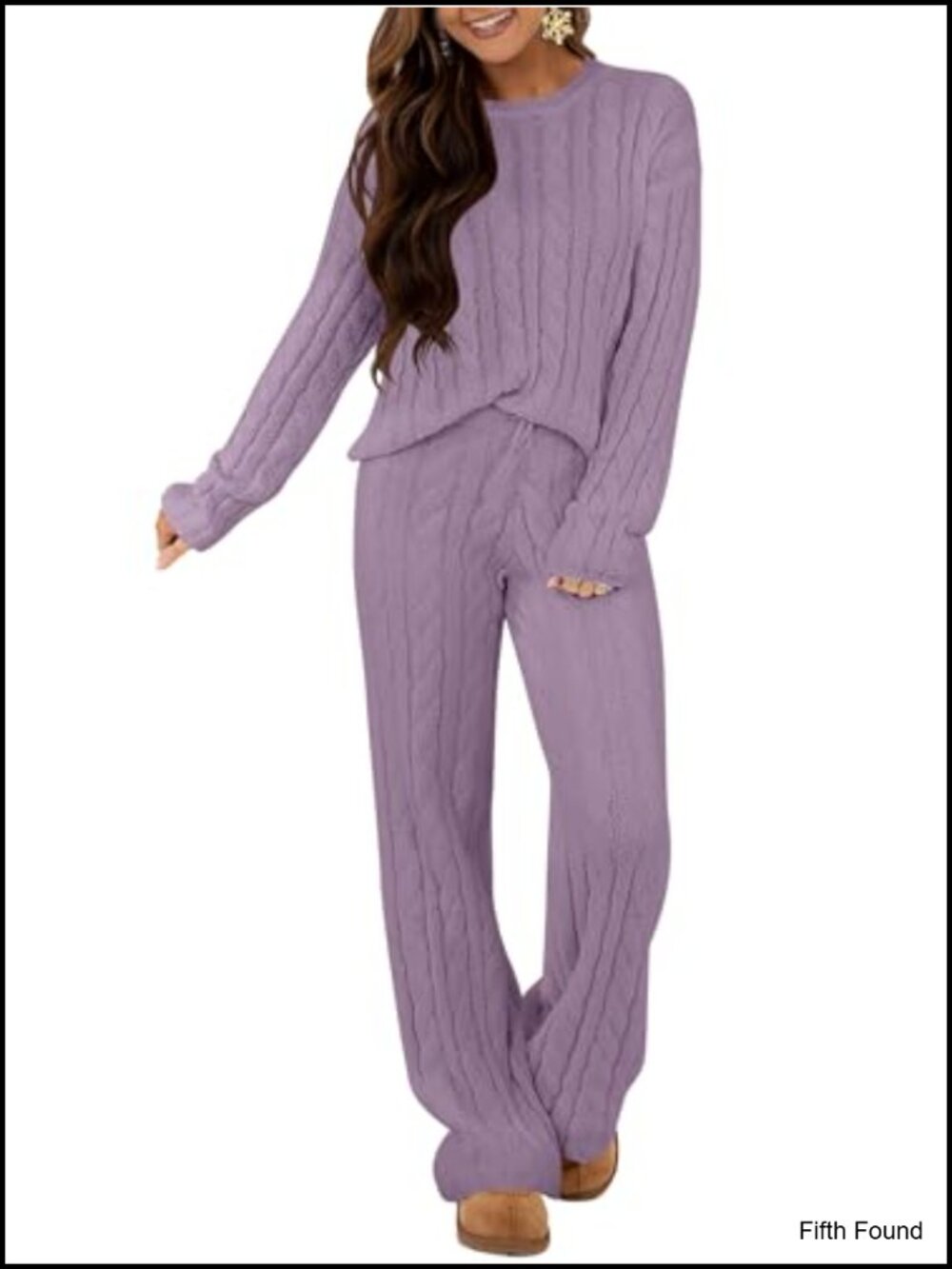 Fuzzy 2 Piece Sweater Pajama Set Oversized Cable Knit Lounge Wide Leg